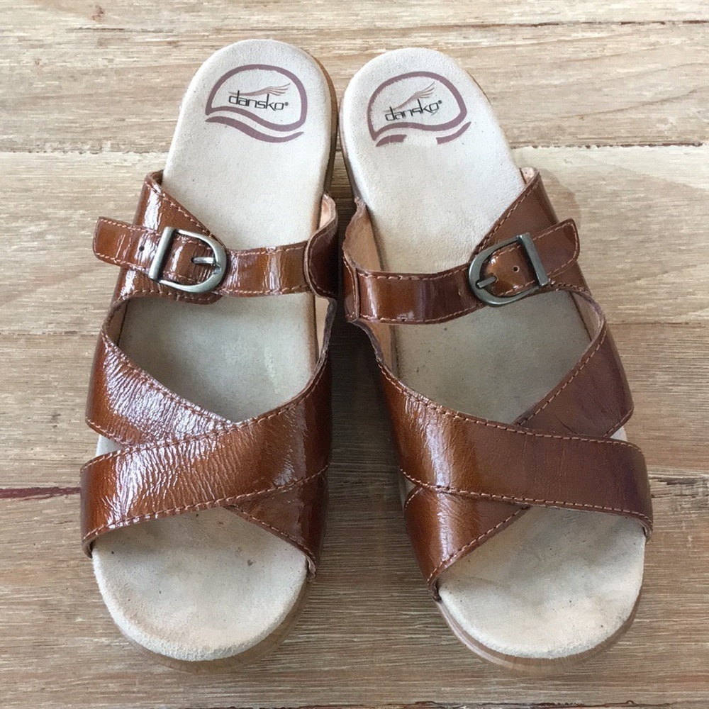 Dansko Bronze Patent Leather Criss Cross Sandals